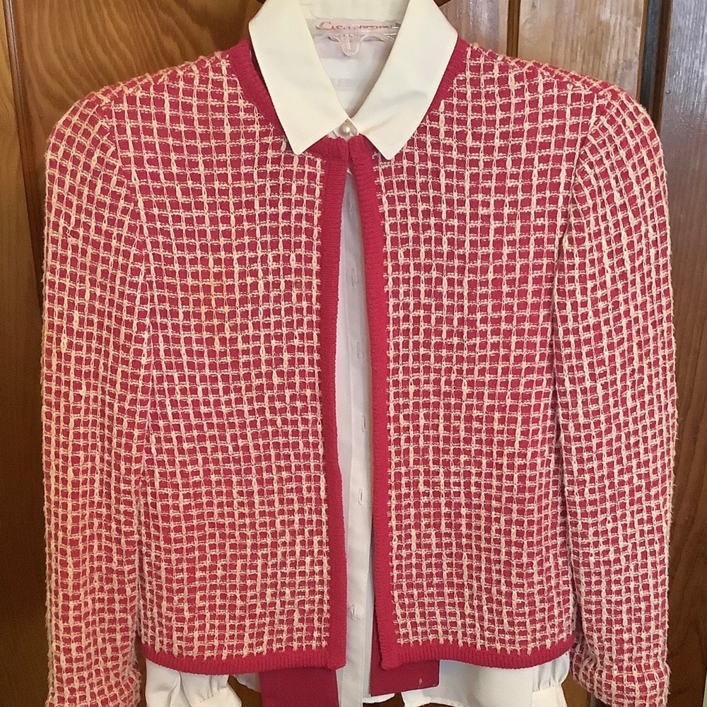 Castleberry, London, New York Chic Pink & White Tweed Jacket w/ White Blouse